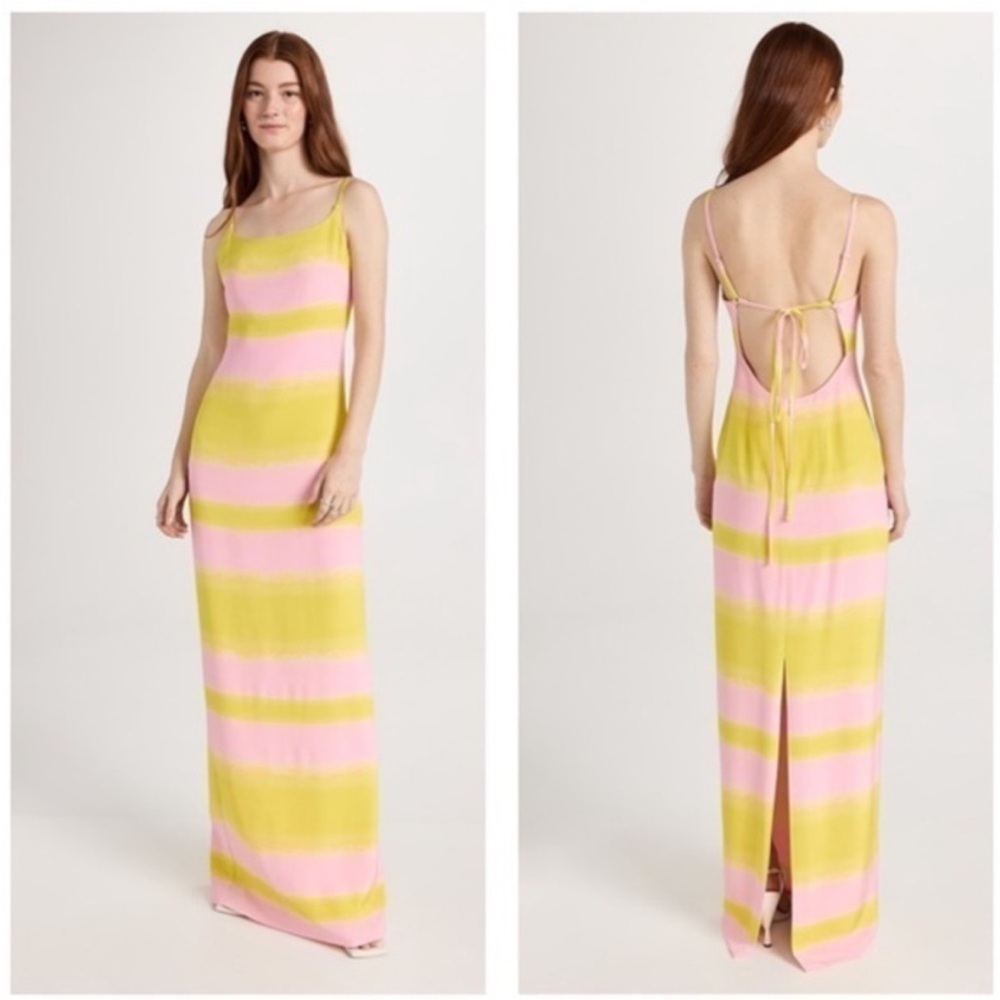 NEW Brandon Maxwell Striped Open-Back Silk Maxi Dress, NWT – Size 10 Yellow Pink - Picture 2 of 9